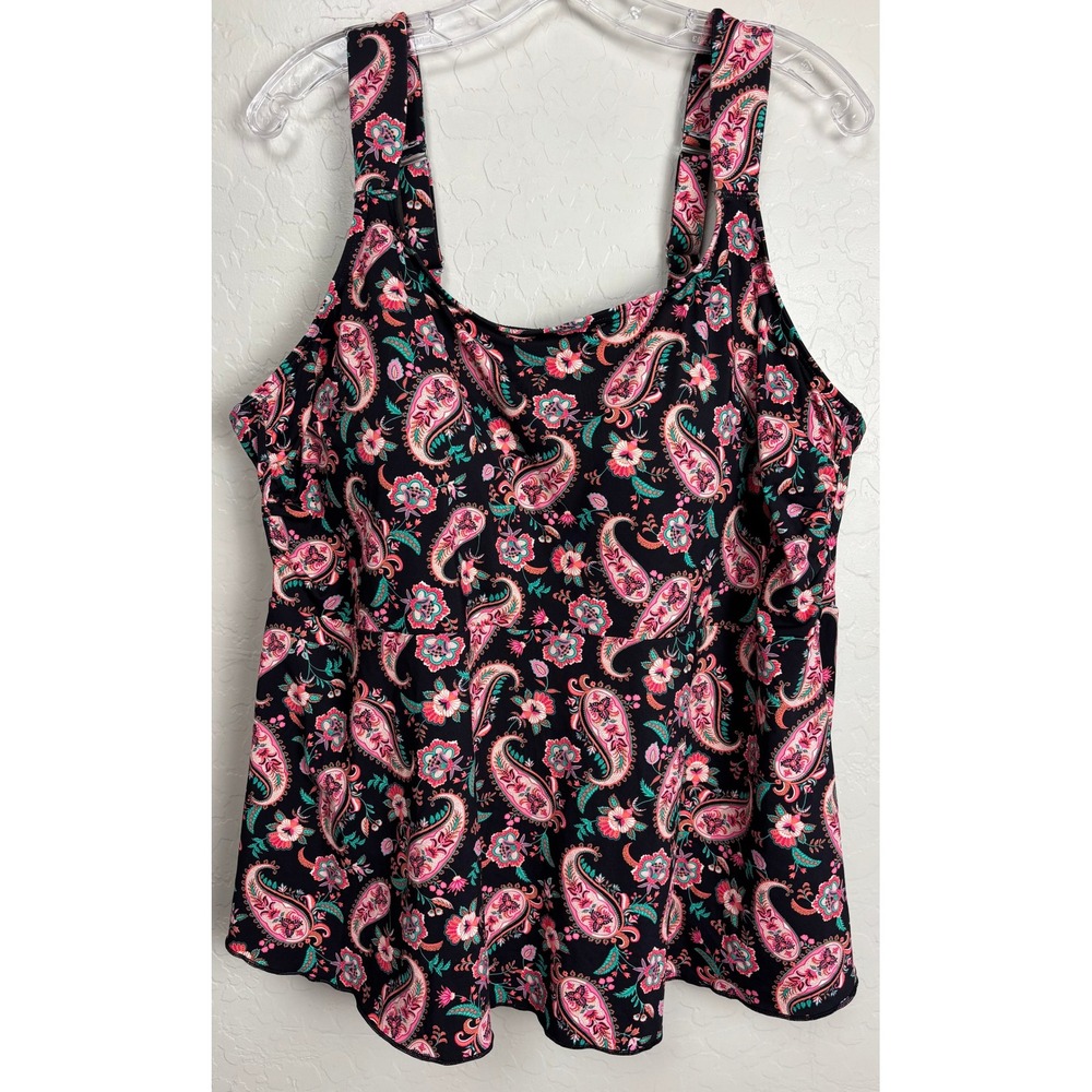 Lands End Womens 2X 20W-22W Paisley Tankini Top Black Pink Swimsuit Swim 2431